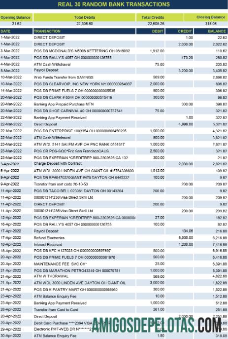em branco Real 30 transações bancárias aleatórias modelo Excel e PDF